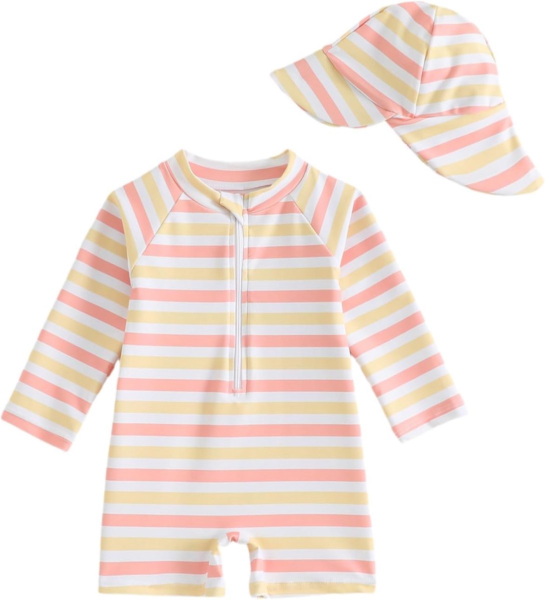 Baby Badpak Pasgeboren Meisje Jongen Rash Guard Set 0M-3T, Lange Mouw UPF Peuter Badpak Met Hoed & Rits Voorkant