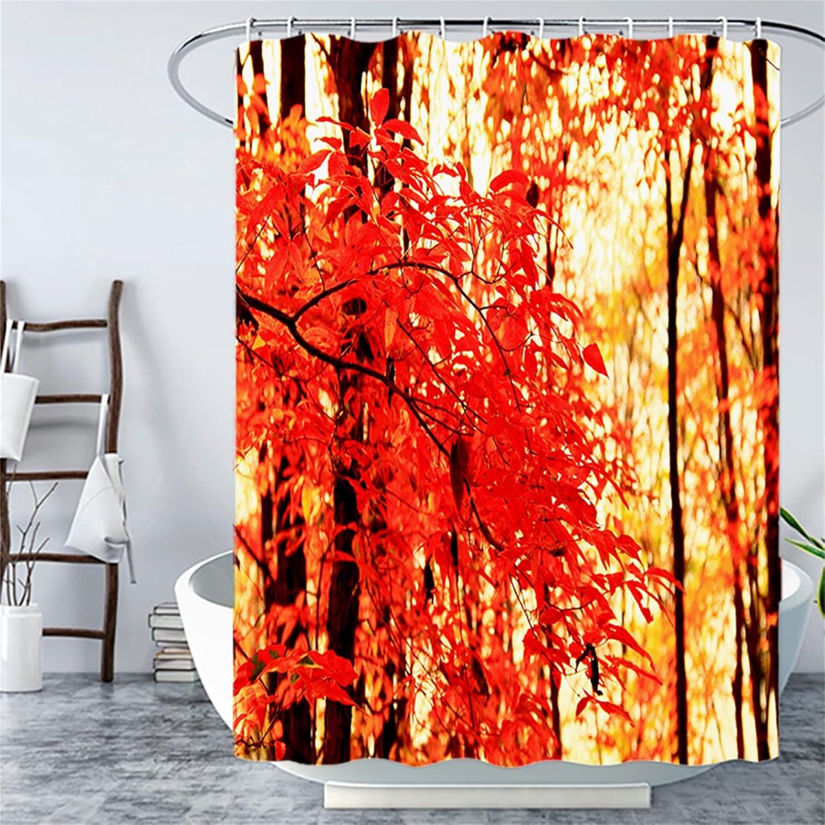 Douchegordijn schimmel- en schimmelbestendig waterdicht badkamergordijn, 100 x L200 cm polyester wasbare badgordijnen, 3D-douchegordijnen, sneldrogend, met 12 haken - rood esdoornblad-172