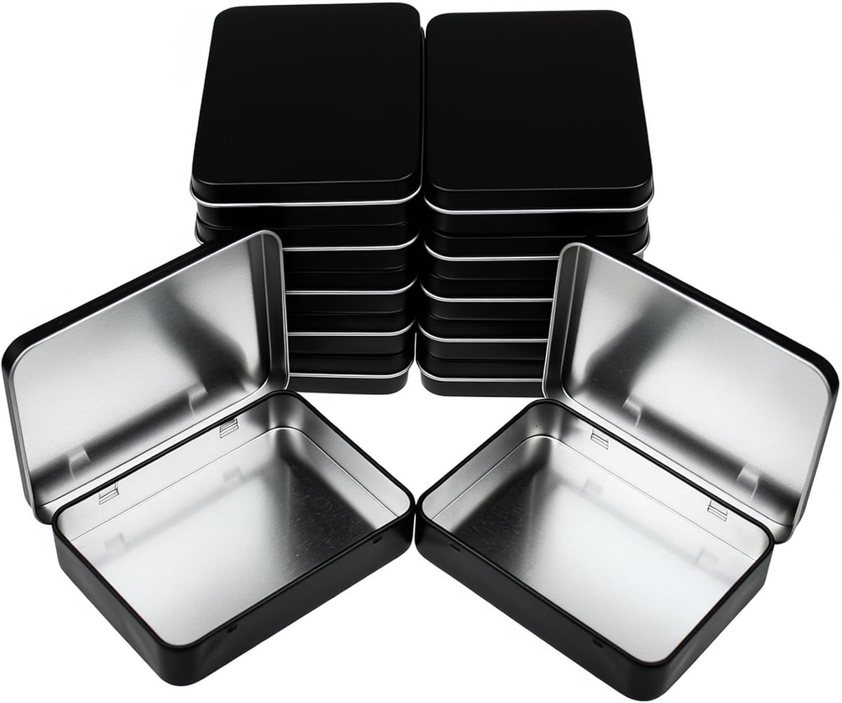 12 stuks rechthoekige metalen lege scharnierende blikken containers basisbenodigdheden home opslag organizer mini box set, 11,4 x 8,4 x 2,2 cm (zwart)