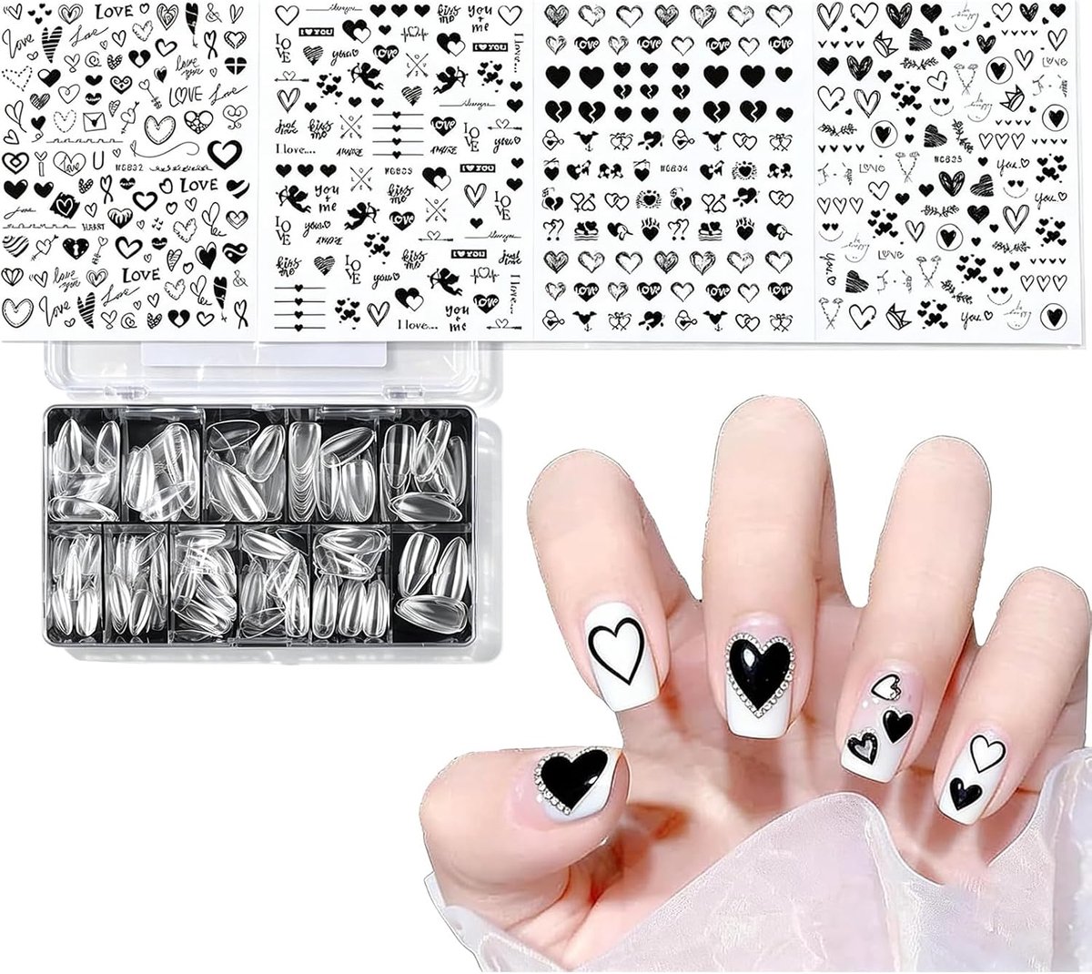 500 stuks amandelnageltips en 4 x zwarte hart-nagelstickers, kunstnagels met nail art design voor doe-het-zelf manicure thuis, nagelstudio-accessoireset voor vrouwen als cadeau