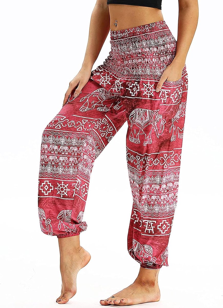 Thaise hippiebroek voor dames, boho, vintage, patroon, gesmokte taille met zakken, lichte yogabroek