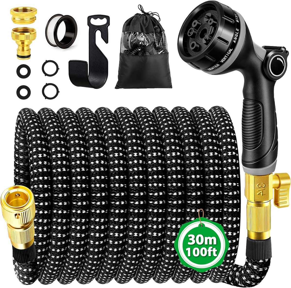Tuinslang, flexibel, 30 m, flexibele tuinslang, rekbaar met 3/4 inch en 1/2 inch connector van messing en wandhouder, waterslang flexibel met 10 functies, tuinsproeier voor tuinirrigatie