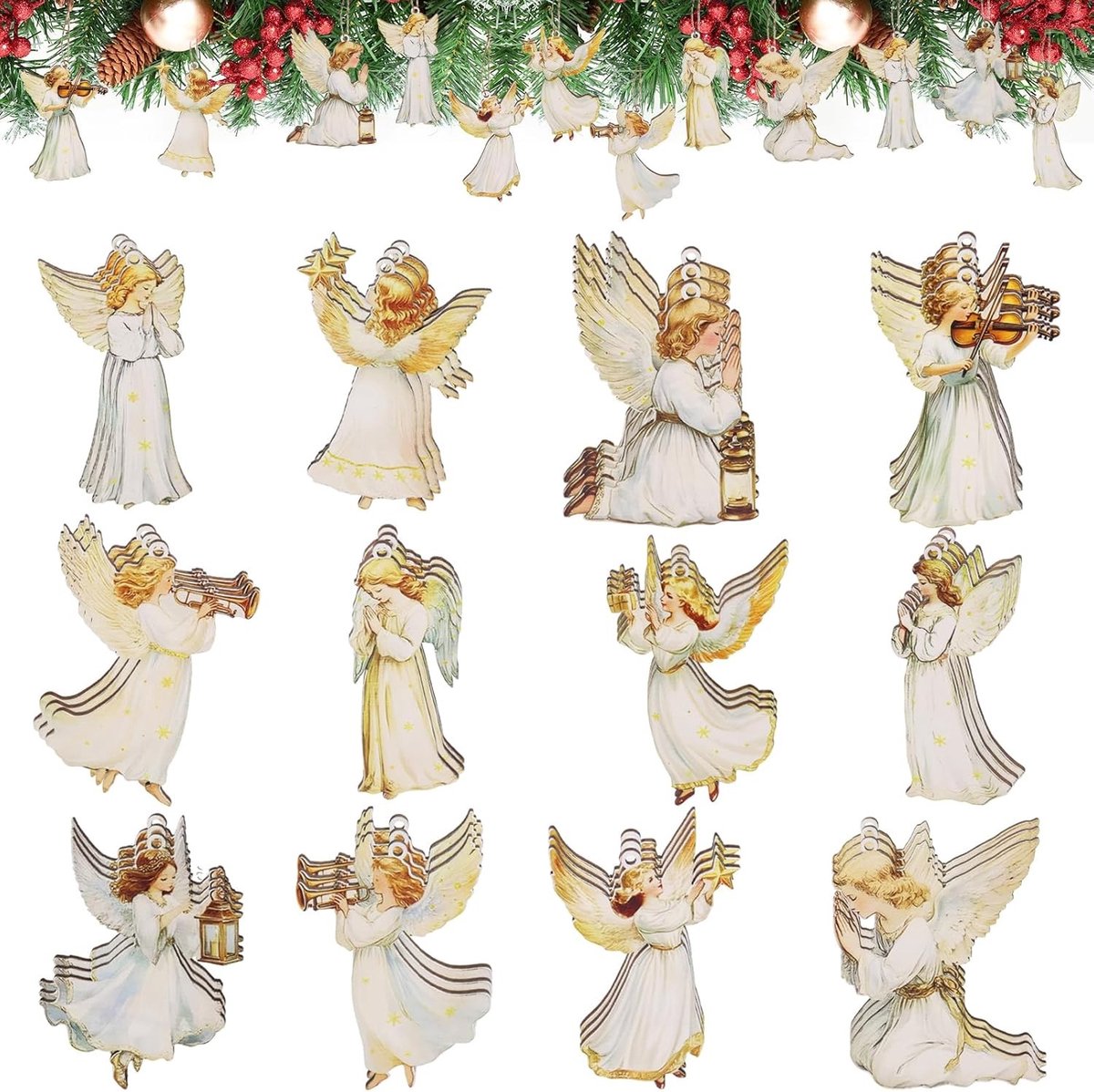 Houten Engel Hanger en Kerstboom Ornamenten, 36 Stuks, Kerstdecoratie, Geluksbrenger, Adventskalender, Cadeau voor de Feestdagen