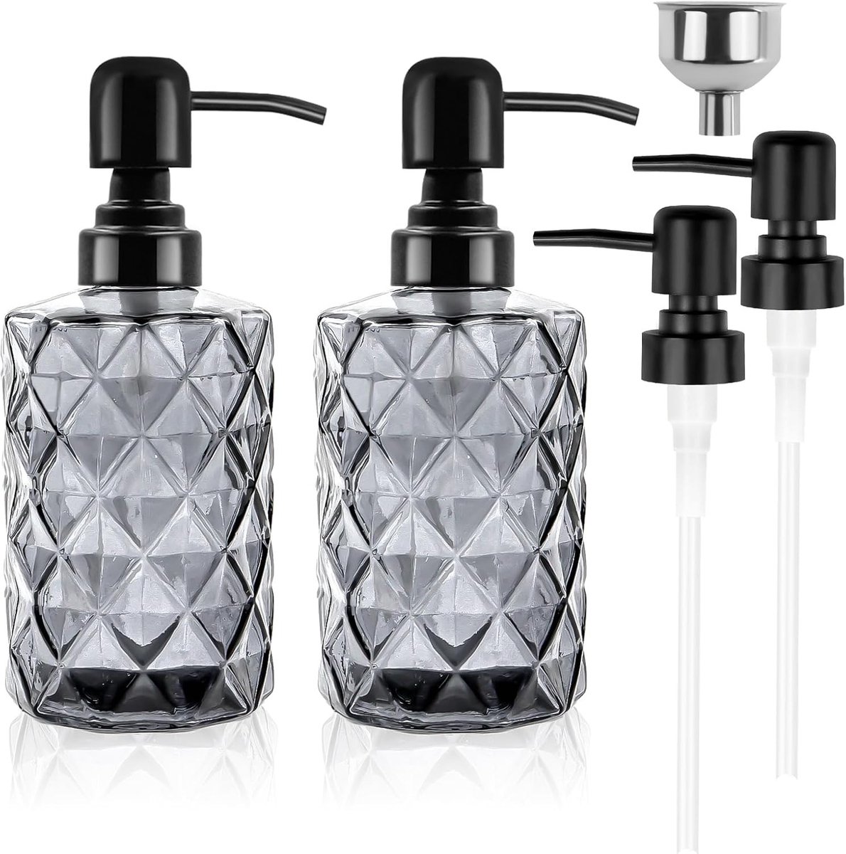 Set van 2 Glazen Zeepdispensers 330 ml met RVS Trechter en 4 Pompen - Handzeep Dispenser voor Badkamer en Keuken, Modern en Stijlvol