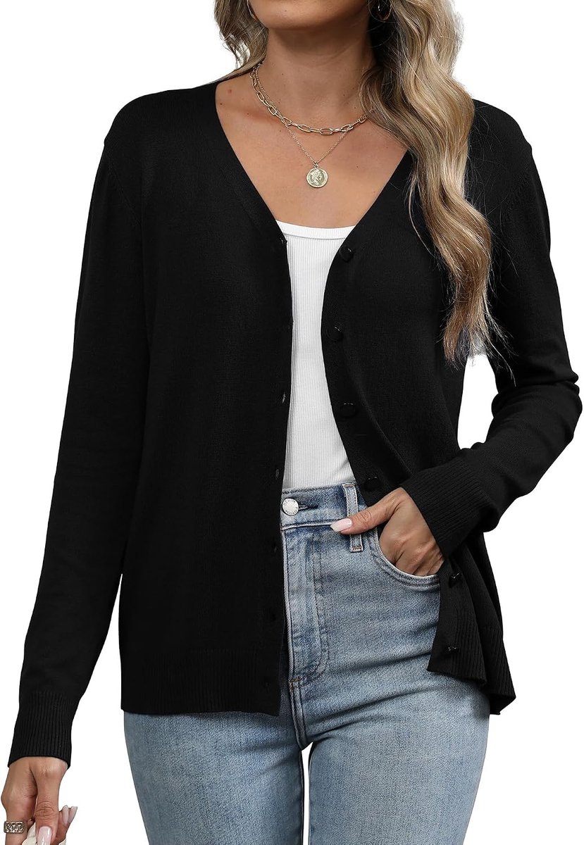 Damesvest met V-hals en knopen, lichtgewicht, gebreide trui, lange mouwen, elegant, dun, basic cardigans