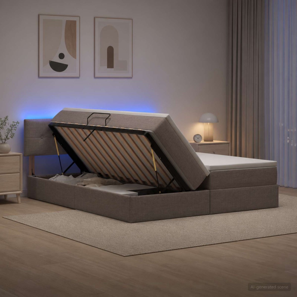 vidaXL LED - opbergbed - met - matras - Taupe - 200 - x - 200 - cm - Stof
