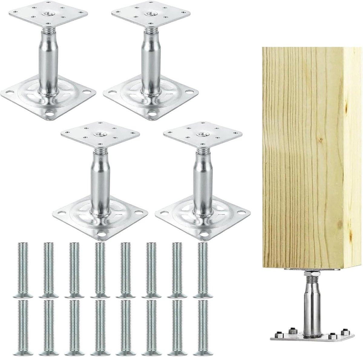 Set van 4 steunsteunen met verhoogde paalbasis, 10-15 cm in hoogte verstelbare paalbeugels, zwaar belastbaar, dik staal, gegalvaniseerde steunpoten voor pergola's, luifelsteunen, balkons, hekjes