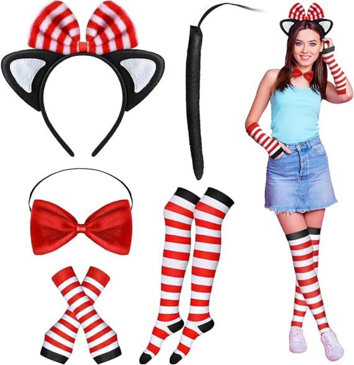 5 stuks kattenrollenspel kostuum, kattenkostuum set kattenoor hoofdband vlinderdas kattenstaart lange armwarmers rekbare gestreepte kousen voor cosplay feest