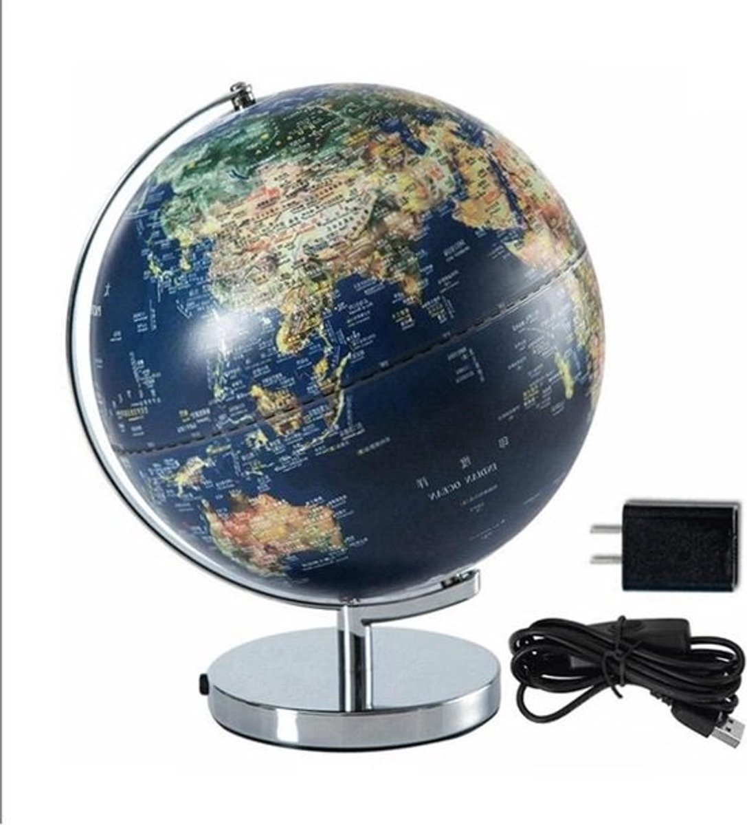 Wereldbol Verlicht - Aardbol Educatief - Studie Geografie - Met LED Verlichting - 30 cm Diameter - Marineblauw