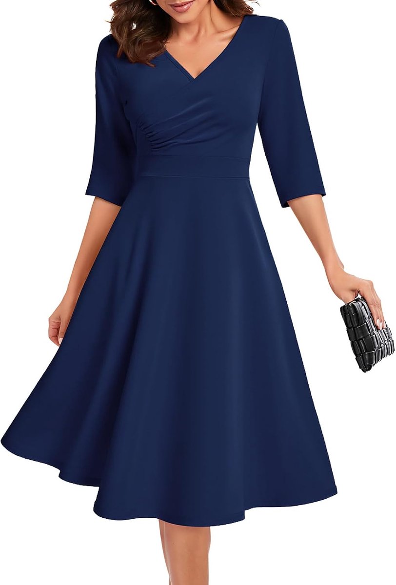 Cocktailjurk voor vrouwen, wikkelmodel met V-hals, 3/4 mouwen, vintage theelengte, midi partyjurk geschikt voor bruiloftsgasten en formele gelegenheden
