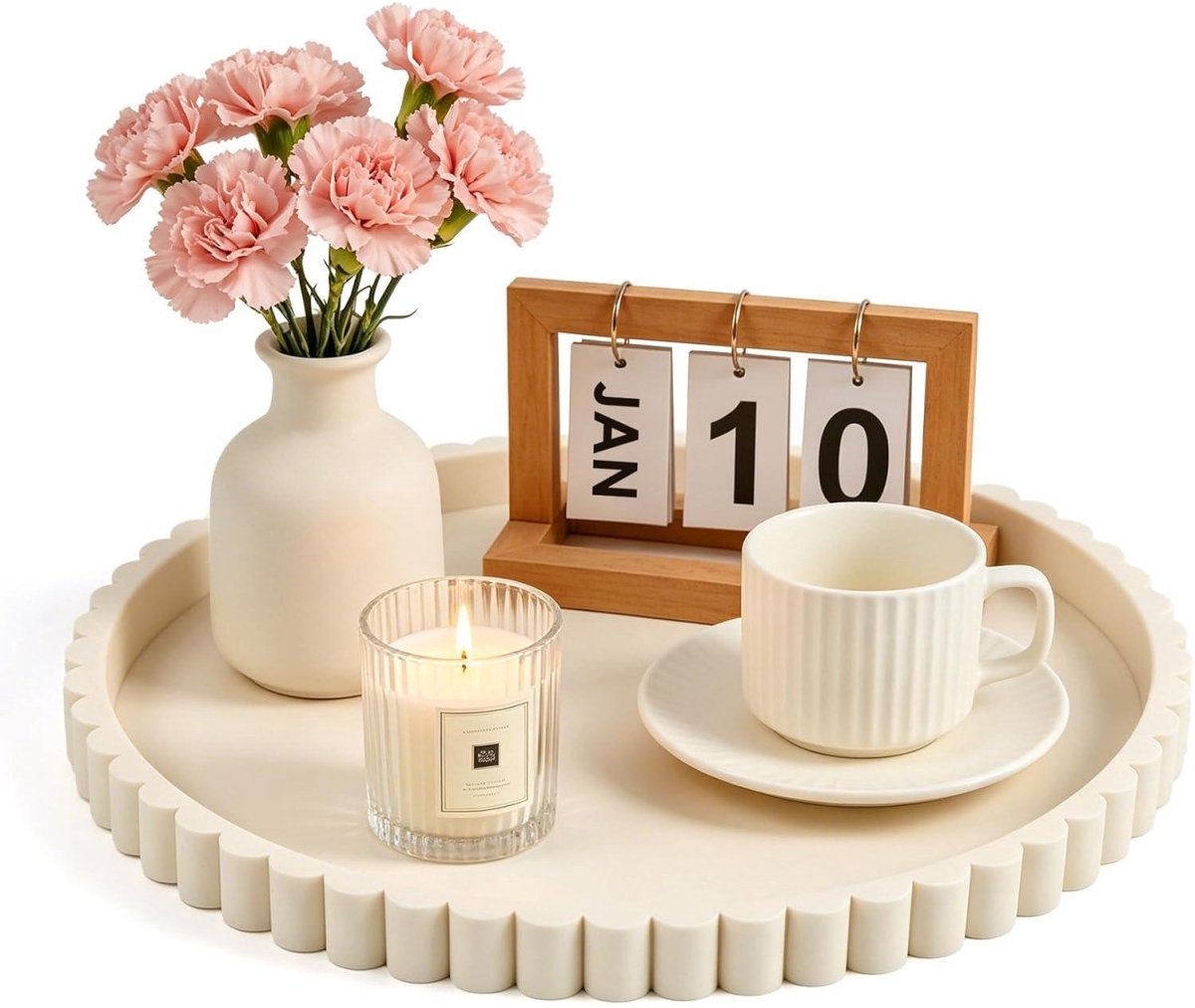 SSTRWGOOD Decoratief Dienblad Rond - 30cm - Dekotablett Silikon Beige - Golvende Randen, Waterdicht & Makkelijk Schoon te Maken - Geschikt voor Badkamer, Keuken en Tafeldecoratie - Siliconen