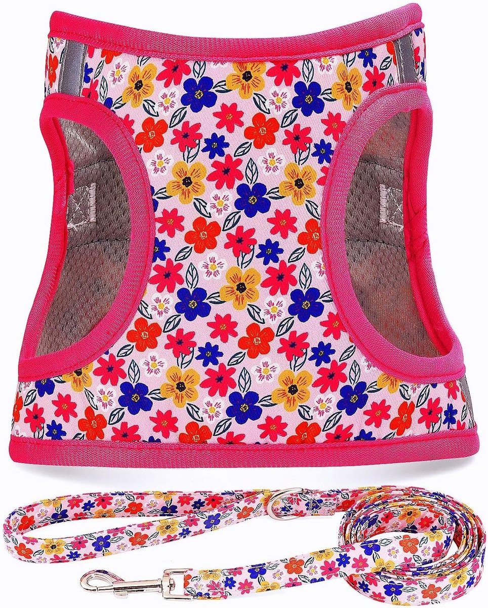 Hondenharnas en leibandset, elk weertype, reflecterend, trekt niet, bloemenpatroon, gewatteerde mesh, katten, puppy, extra kleine, kleine, middelgrote, grote honden, romantische Sakura, XL