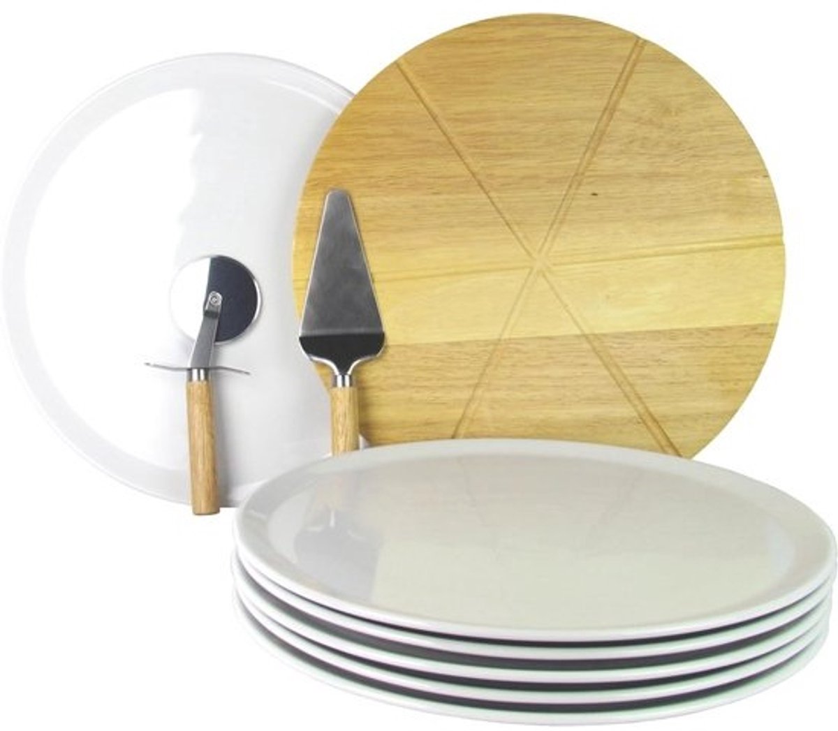 Pizzaborden Set - Pizza Serveerset - Pizza Avonden - Met Houten Plank - 6 Stuks Ø 33cm - Wit