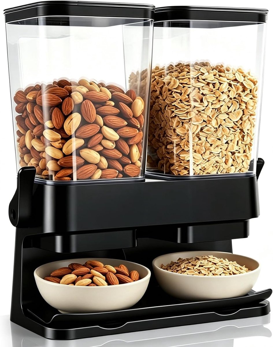 Rijst dispenser - Zwart - 29 x 14 x 36 cm - Dubbele Plastic Graan- en Ontbijtgranenhouder - Voor Keuken en Ontbijt