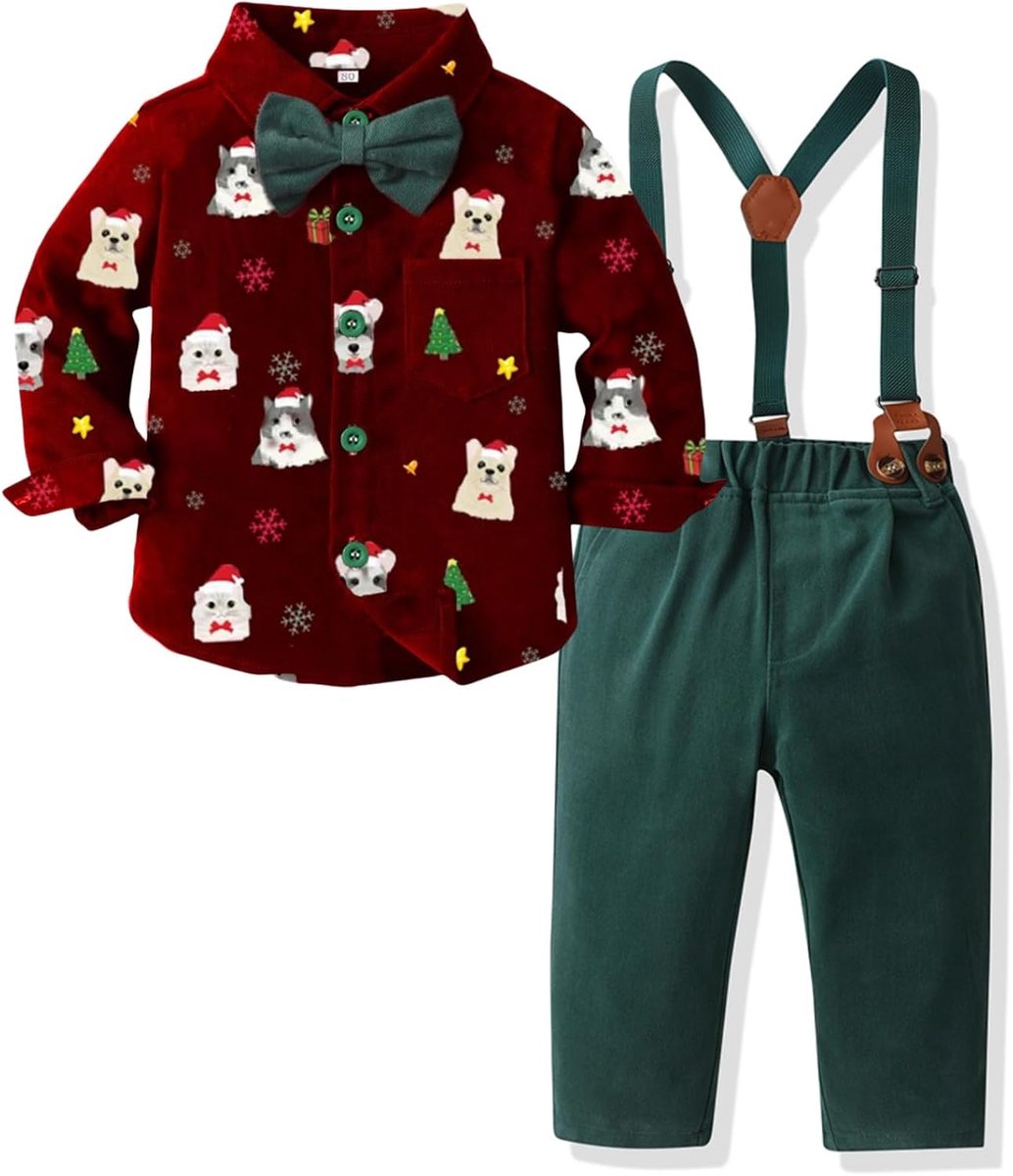 Kerst Outfit Xmas Prints Shirt Met Bowtie Jarretel Broek Set Jongens Jurk Kleding Gentleman Outfits