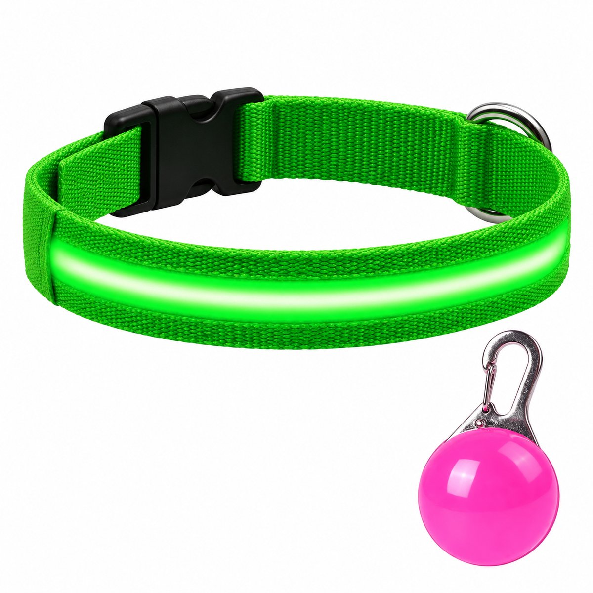 Professor Q LED Halsband Hond - Groen S (34–41 cm) - Roze LED Lampje - Nylon USB Oplaadbaar
