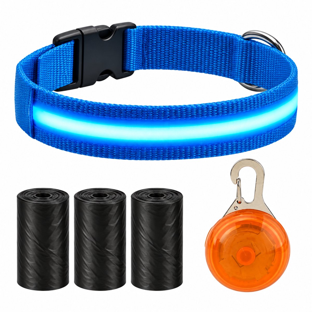Professor Q LED Halsband Hond - Blauw XL (42–56 cm) - Oranje LED Lampje + 45 Poepzakjes - Nylon USB Oplaadbaar