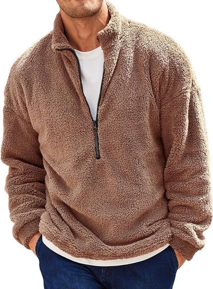Heren pluche pullover 1/4 rits teddy fleece sweatshirt Fuzzy Sherpa bovenstuk lichte casual basic trui tops herfst winter