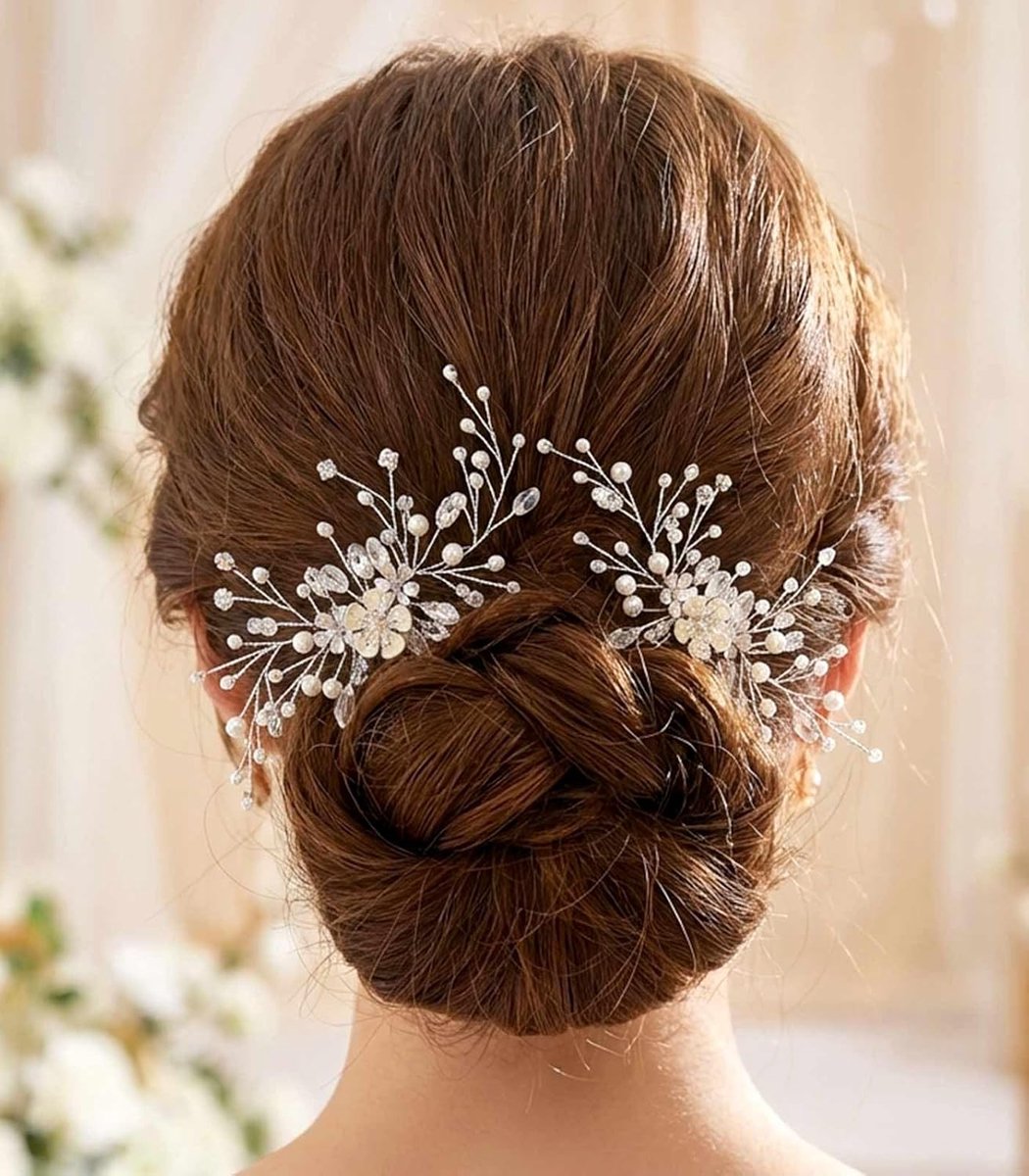 2 Stuk Bruiloft Haar Sieraden, Zilveren Kralen Haar Clips, Bloem Rhinestone Bruiloft Haar Pin
