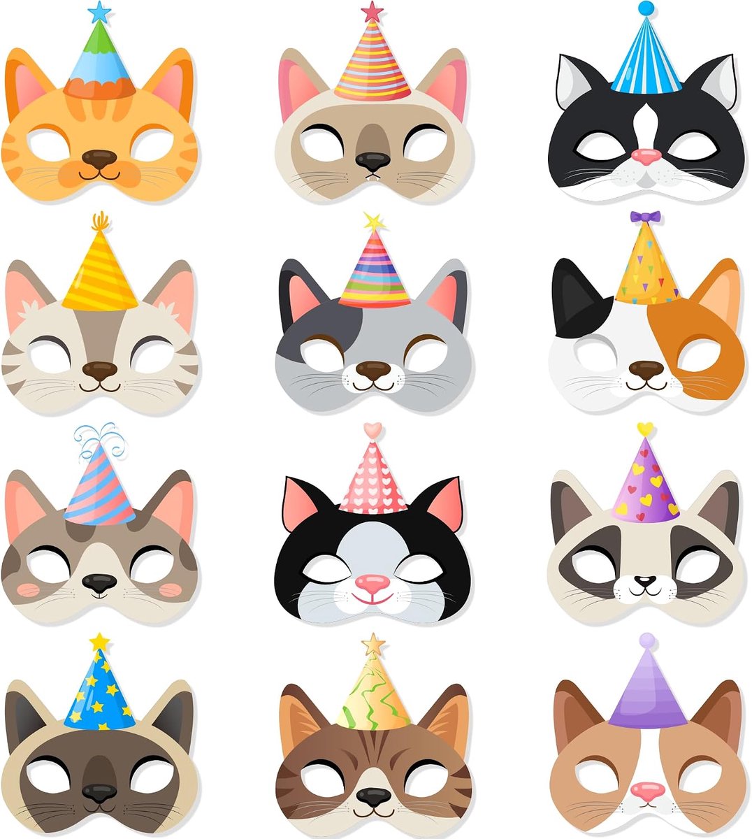 Maskers, set van 24 kattenverjaardagsmaskers - Kattenfeestmaskers, kattenfeestmaskers & kattenmaskers voor kinderfeestjes, voor kattenverjaardagsdecoraties