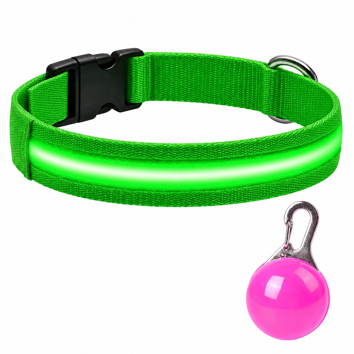 Professor Q LED Halsband Hond - Groen XL (42–56 cm) - Roze LED Lampje - Nylon USB Oplaadbaar