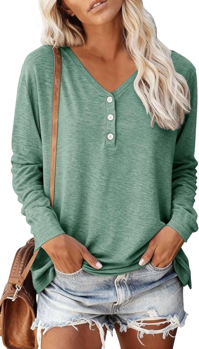 Dames shirt met lange mouwen V-hals met knoop bovenstuk elegante shirts herfst longshirt katoen pullover tops tuniek