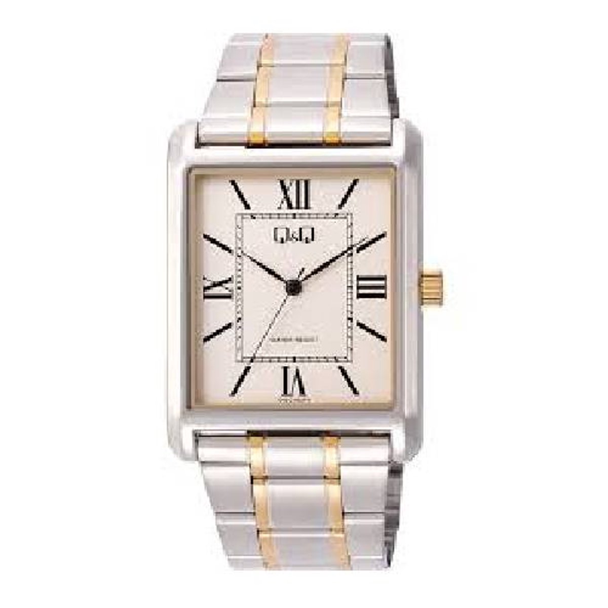 Q&Q-horloge-heren-rechthoek-Romeinse cijfers-groot model-afmeting 46x34 mm-3 atm waterdicht-goud zilver kleurig-model q45c-002