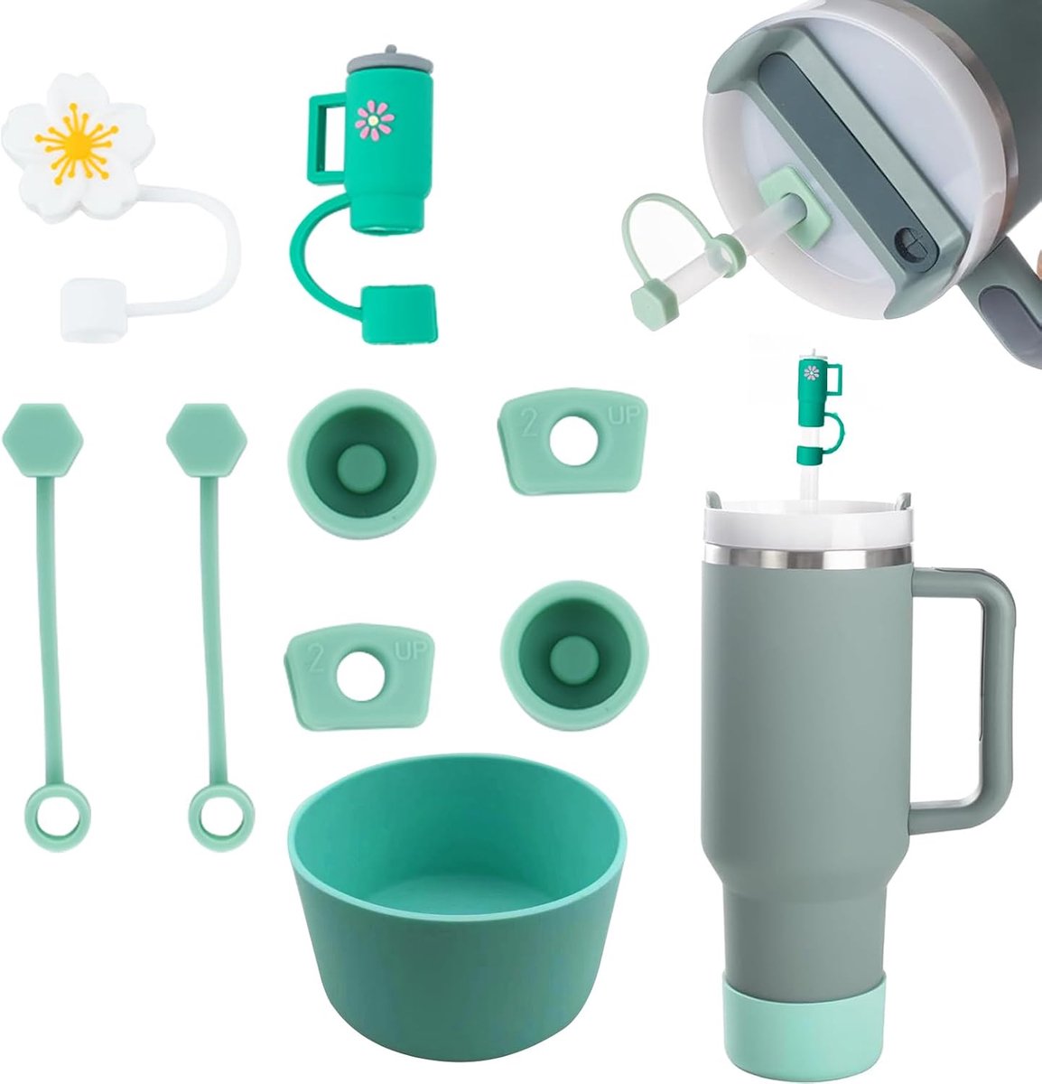 Cup accessoireset voor Stanley Cup, inclusief 2 stuks beker rietje hoes voor 9-10 mm rietje, 6 stuks siliconen morsbestendige stop, 1 stuk siliconen bodemhoes, reisbeker accessoires (groen)