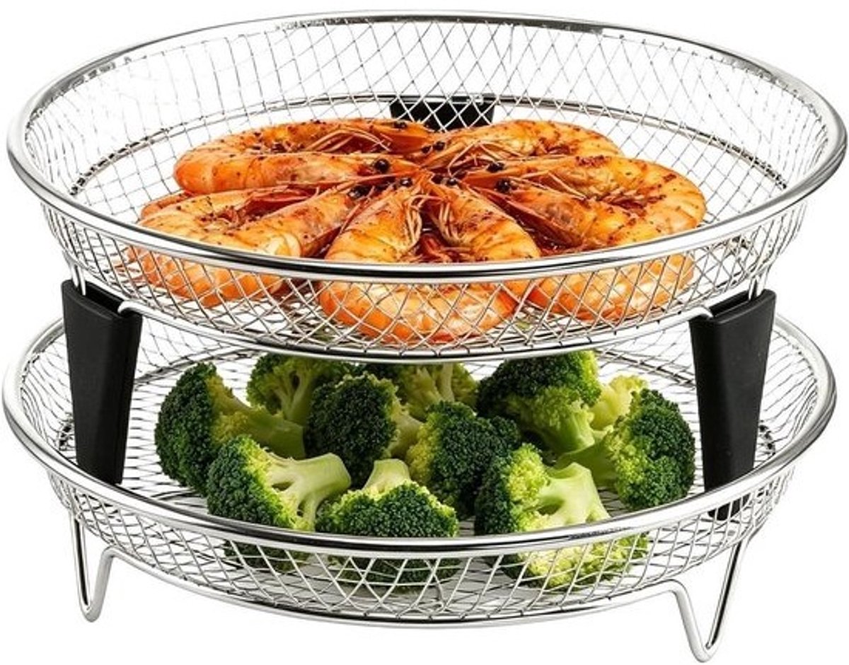 Airfryer mand - Stapelbare lade - Koken en braden - Roestvrij staal - 2-delig - Zilver