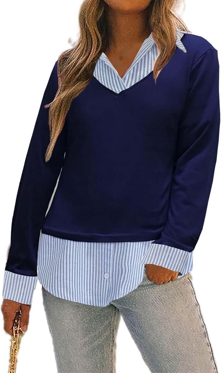 Shirt met lange mouwen voor dames, katoen, met hemdkraag, kleurblok, gebreid, V-hals, T-shirt, casual, elegante blouse, losse sweatshirt, top voor herfst en winter
