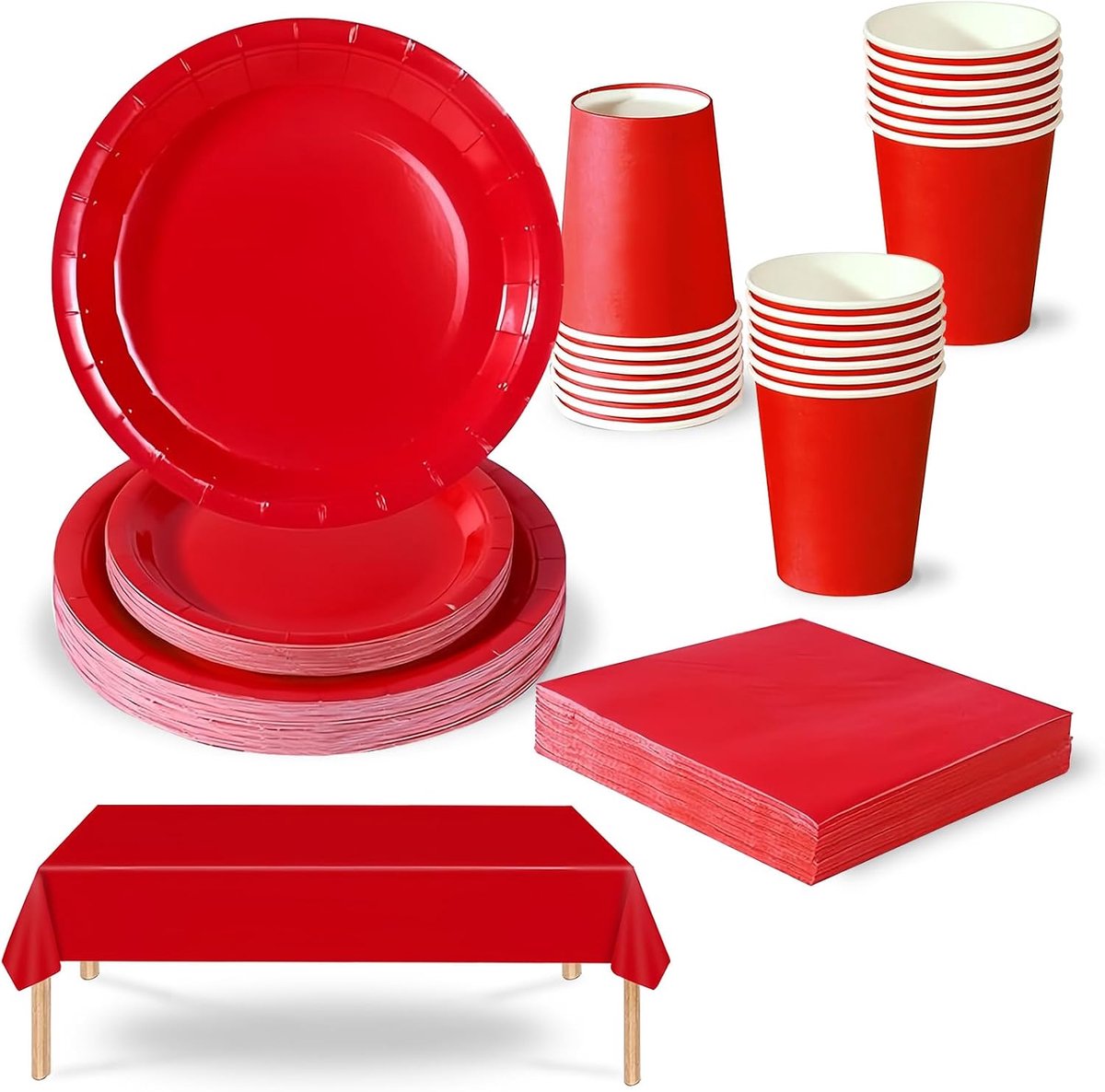 69 stuks rood feestservies plastic tafelkleed hoes, papieren borden, servetten en bekers voor kerstfeesten benodigdheden, rode feesttafeldecoraties servies set voor kinderen volwassenen verjaardag