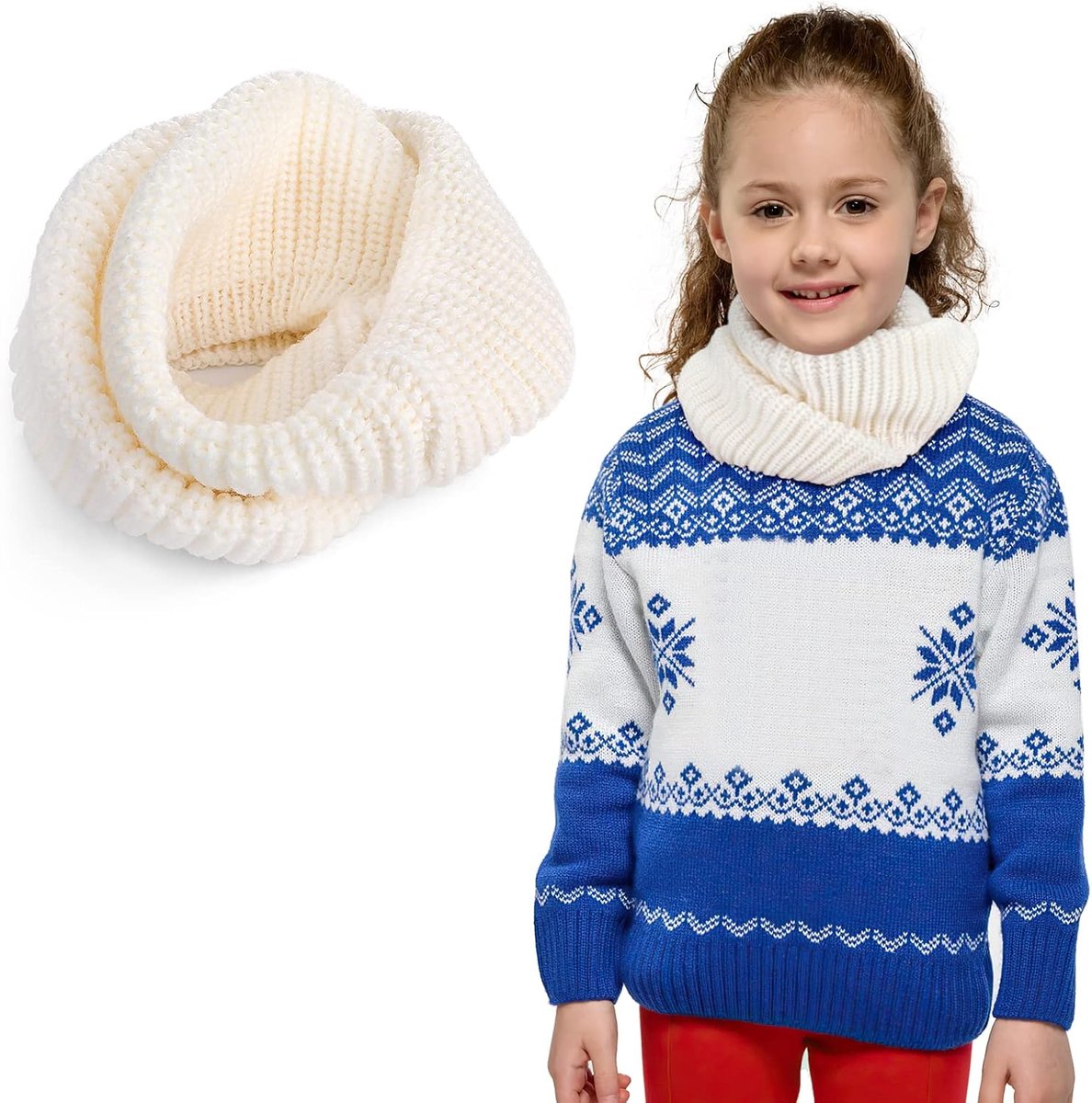 Wintersjaal voor kinderen, Infinity-sjaal, warm, gebreid, zacht, eenkleurig, zacht op de huid, uniseks, dikke cirkel, kerstcadeau voor de winter, Wit, M