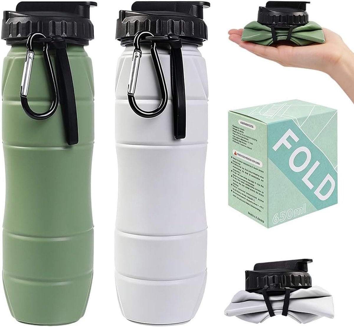 opvouwbare drinkfles 650 ml met karabijnhaak siliconen BPA-vrij voor fietsen sporten