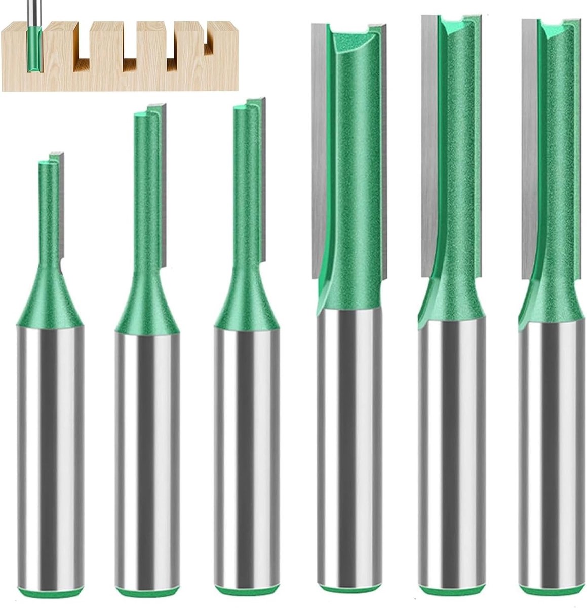 6-delige groeffrees set met 8 mm shank, houtfrees voor precisie groeffrezen, inclusief carbide snijbladen en accessoires