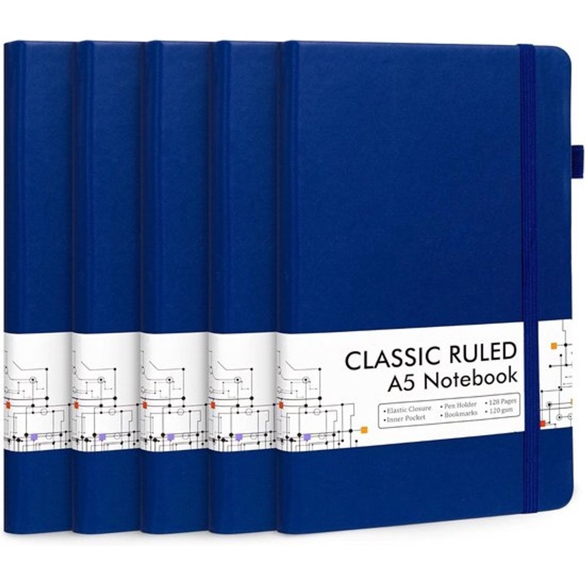 Notitieboek Set - Schrijfblok Agenda - Notities Maken - Hardcover Met Penhouder - A5 5 Stuks - Marineblauw