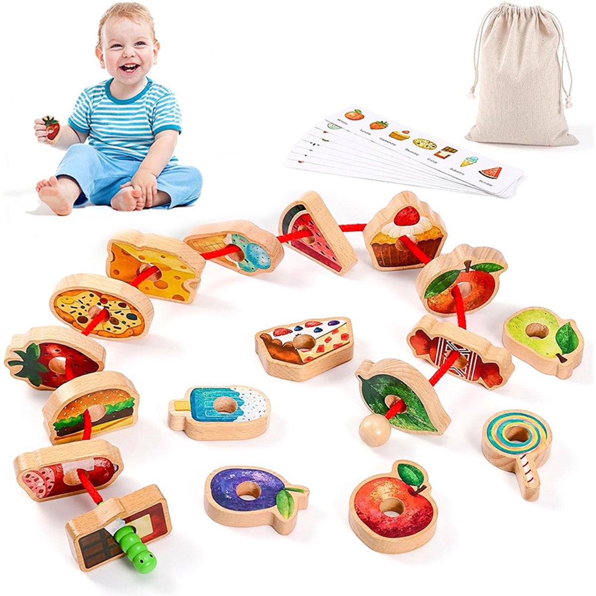 Rijg- en Kralenspel voor Peuters - 18 Stuks fruit en voedsel speelgoed - Educatief leerspeelgoed - Fijne motoriek - leer fruit en eten herkennen - Reisspeelgoed voor kinderen 2-5 Jaar