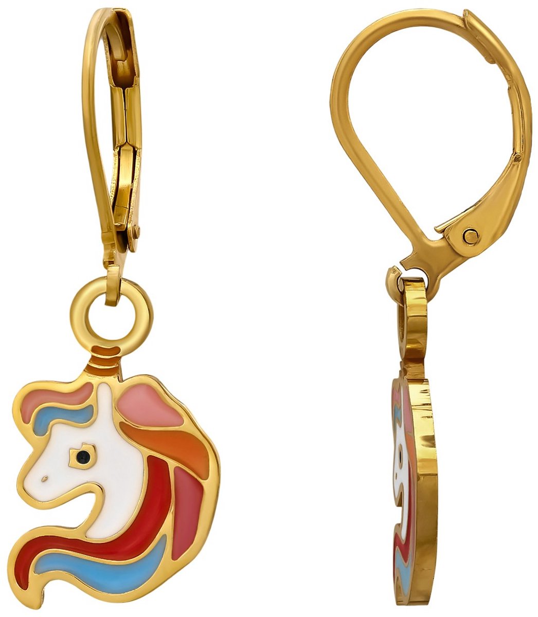 Joy|S - Eenhoorn bedel oorbellen - Brisure sluiting - Chirurgisch staal - ip/pvd gold plated - unicorn met leverback - kinderoorbellen