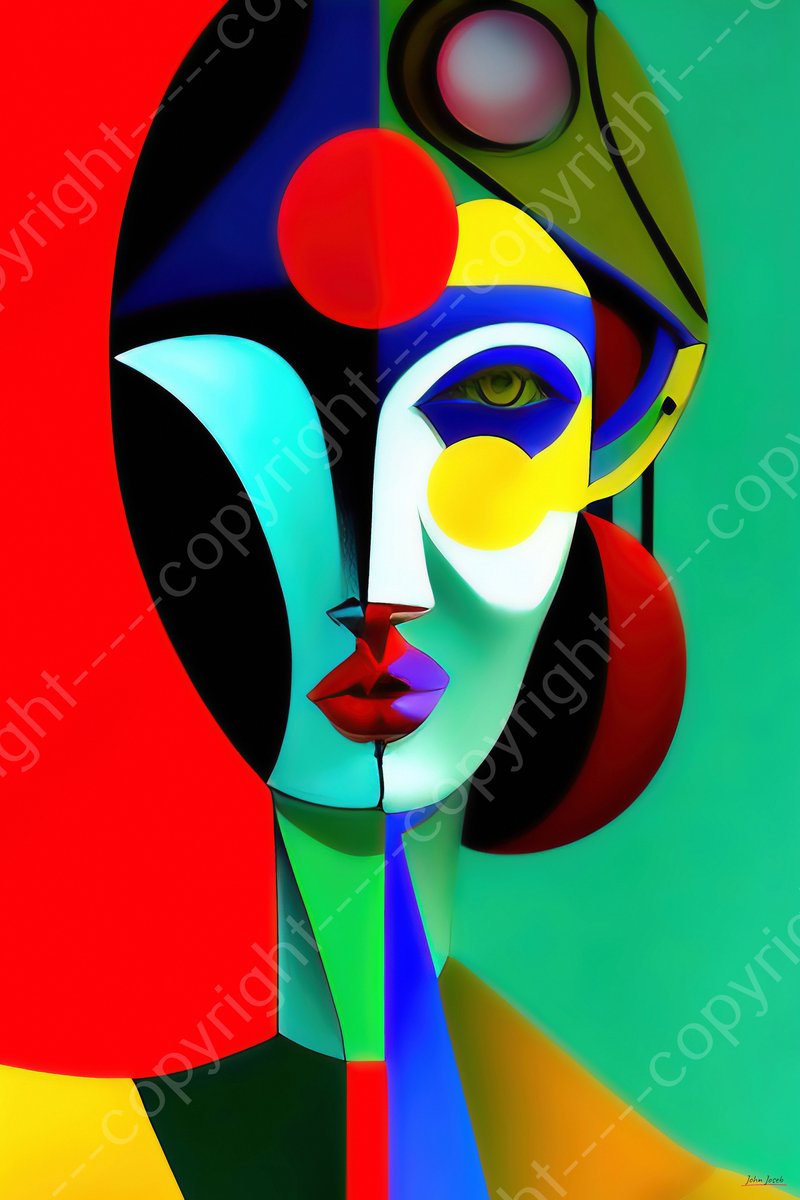 John Joseb Art (Aluminium) 120x80 | Vrouw abstract - kunst - surrealistische Picasso stijl - kleurrijk - woonkamer - slaapkamer | gezicht, blauw, rood, groen, geel, modern | Foto-Schilderij print op Dibond (metaal wanddecoratie) | KIES JE MAAT