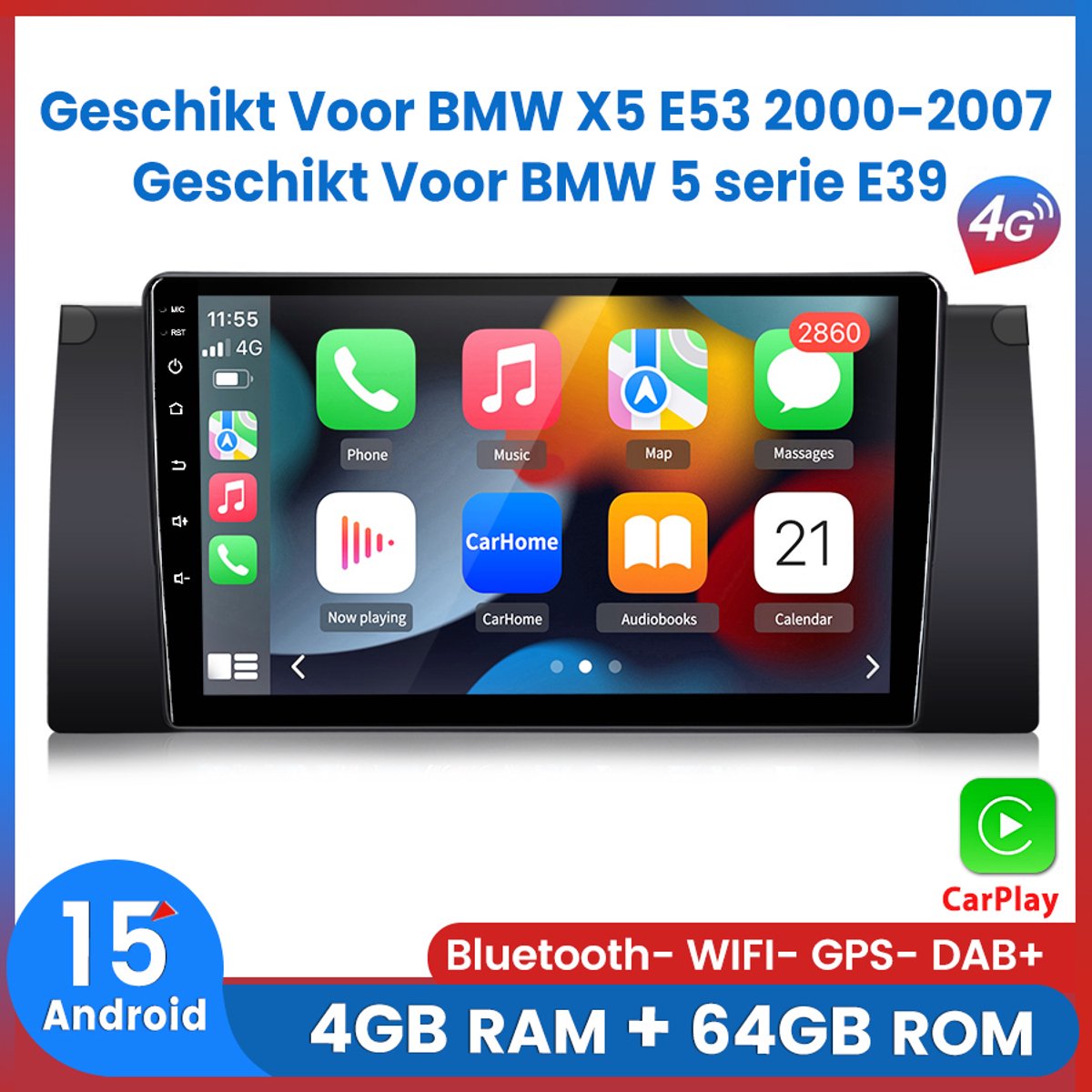 Awesafe 4GB+64GB 8 Kern V1PRO Autoradio - Geschikt Voor BMW X5 E53 2000-2007/5 serie E39 - Draadloos Apple Carplay & Android auto - Android 15.0 Systeem - GPS Navigatie 4G WIFI Bluetooth - Ondersteuning invoegen 4G SIM