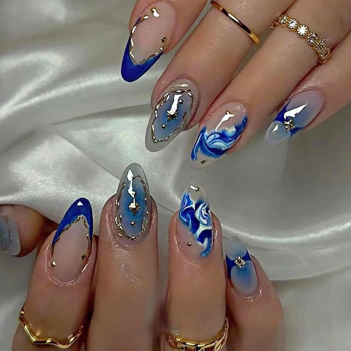 24 stuks press-on nagels, amandel, medium, blauw kleurverloop, French nepnagels, glanzend, ster, acryl, volledige dekking, kunstnagels, natuurlijke valse nagels voor vrouwen en meisjes
