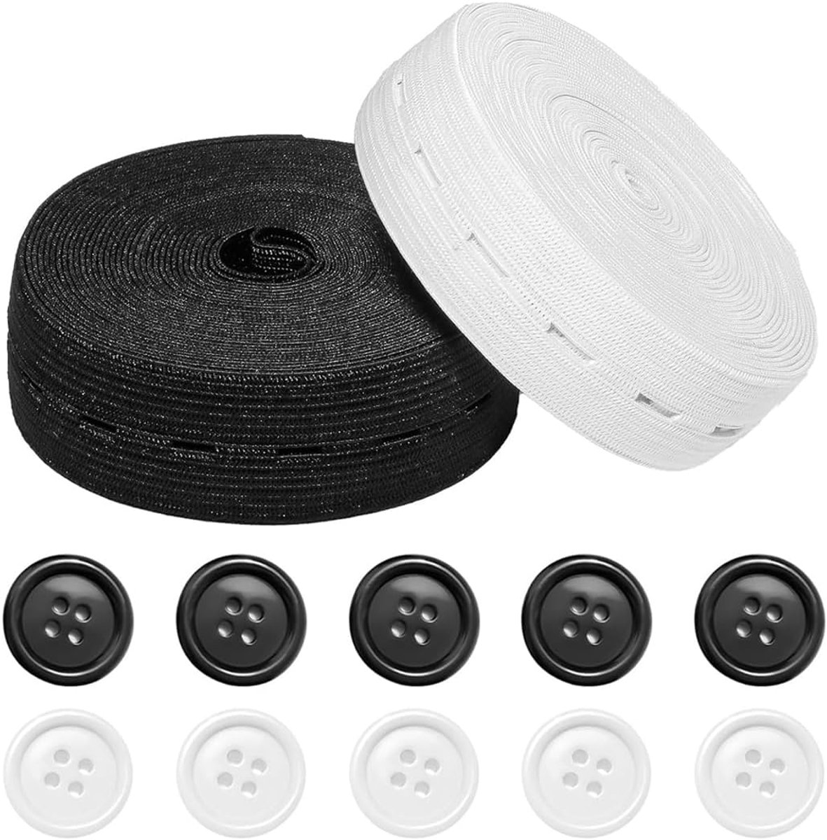 10 stuks knopen, 2 rollen van 5 m naaien, platte band met oogjes voor tailleverlenger voor broeken, rokken, elastiek zwart en wit, elastische riem en naaimateriaal