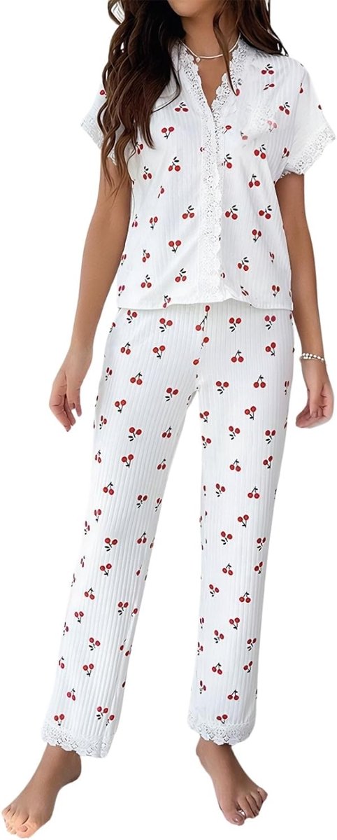 set met korte mouwen, loungewear set kort bovendeel + broek met hoge tailleband, V-hals met kant en kersenpatroon