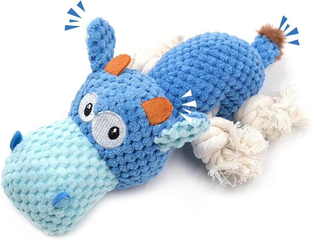 Piepend hondenspeelgoed, blauw nijlpaard hondenspeelgoed met bijtbestendige ledematen, interactief hondenspeelgoed voor kleine honden met kreukpapier, pluche zacht puppyspeelgoed om