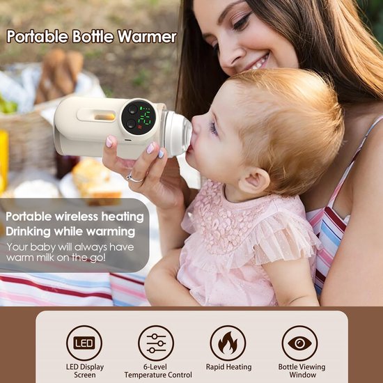 Draagbare Flessenwarmer Draadloos - 8000mAh Oplaadbare Flessenwarmer met 6 Temperatuurstanden - Slimme Flessenwarmer voor Onderweg en Nachtvoeding - Ideaal voor op Reis - Wit — afbeelding 4