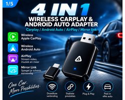4-in-1 Wireless CarPlay Adapter – Draadloos Apple CarPlay & Android Auto – AirPlay & Mirror Link – USB-A & USB-C – Plug & Play – Ultra Mini