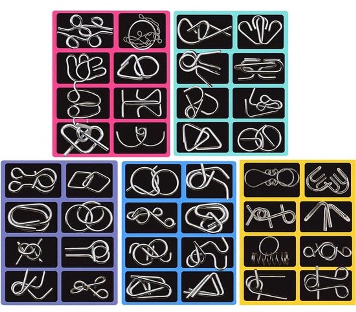 Metalen Puzzels - Denkspel Draadpuzzels - Hersenen Trainen - 40 Stuks Set - 18 x 14 cm - Zilver