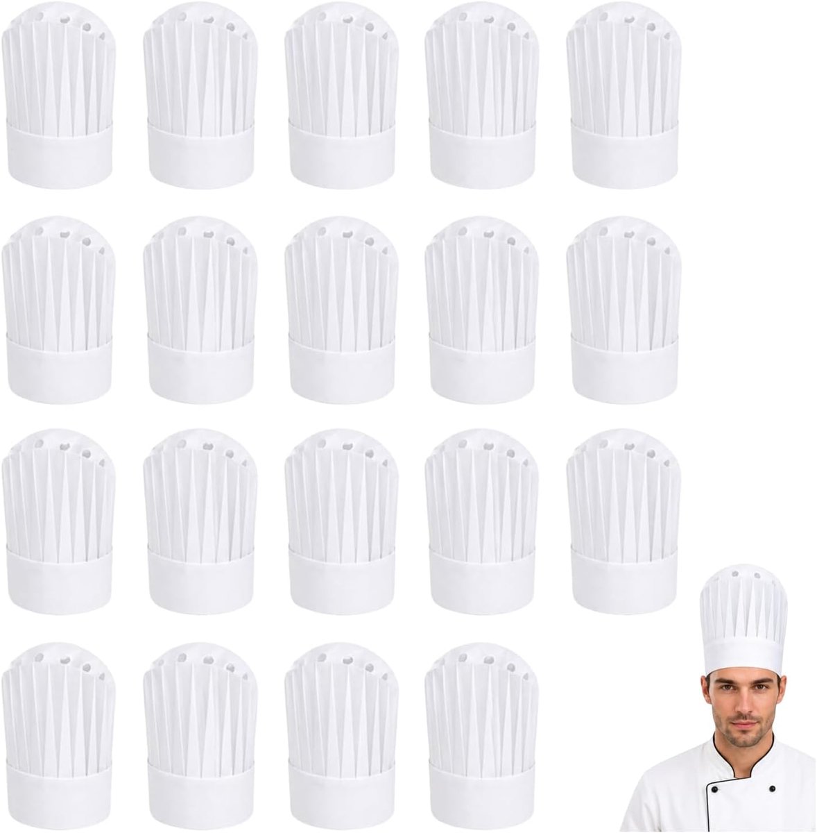 20 stuks papieren koksmuts set, koksmuts, koksmuts wit, koksmuts, koksmuts heren, koksmuts dames, koksmuts heren dames, kokhoed, bakkersmuts, voor keuken, huiswerk en restaurant (koepelhuis)