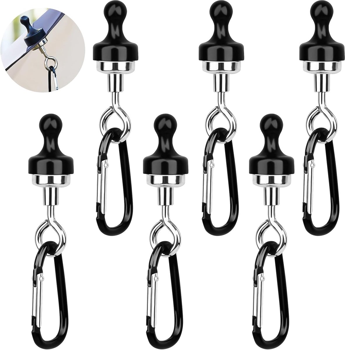 Magnetische haken, extra sterk, 6 stuks, magneten, met karabijnhaak, 360 graden draaibaar, ronde afneembare magnetische haak voor camping, garage, keuken, kantoor