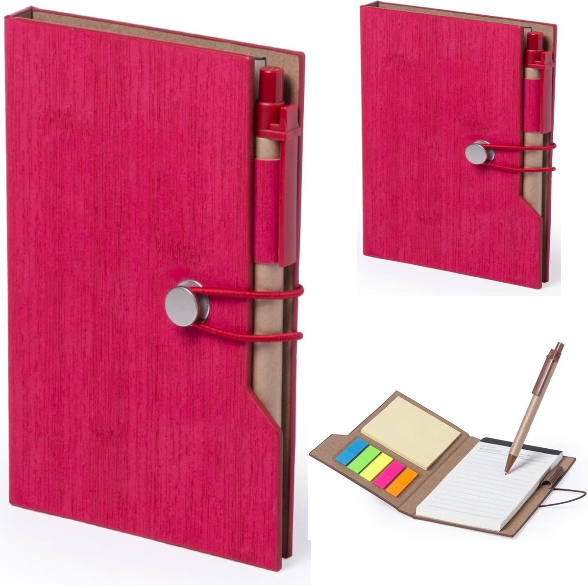 Notitieboeken in A5-formaat, 70 vellen met balpen van duurzaam karton en elk 125 plakbriefjes, zelfklevende notities (rood)