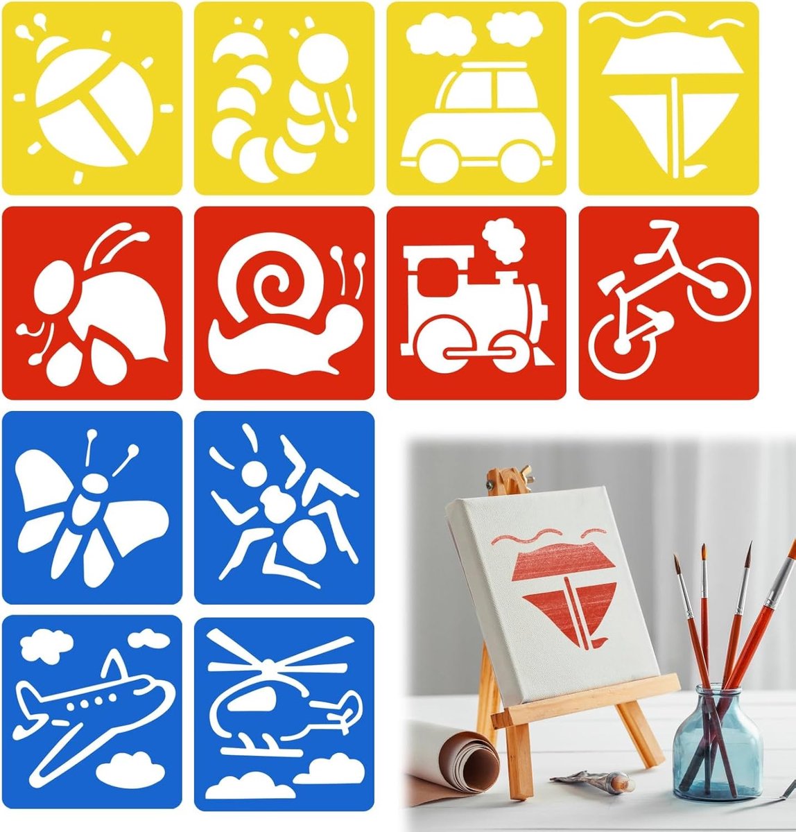 Sjablonen voor het schilderen van kinderen, dieren- en transportmotieven, ideaal voor leren en knutselen, herbruikbare sjablonen van polypropyleen, veilig en duurzaam